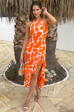 Orange Giraffe Print Racer Neck High Low Frill Hem Midi Dress