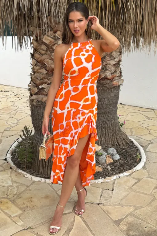Orange Giraffe Print Racer Neck High Low Frill Hem Midi Dress