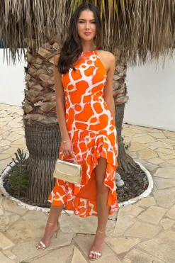 Orange Giraffe Print Racer Neck High Low Frill Hem Midi Dress