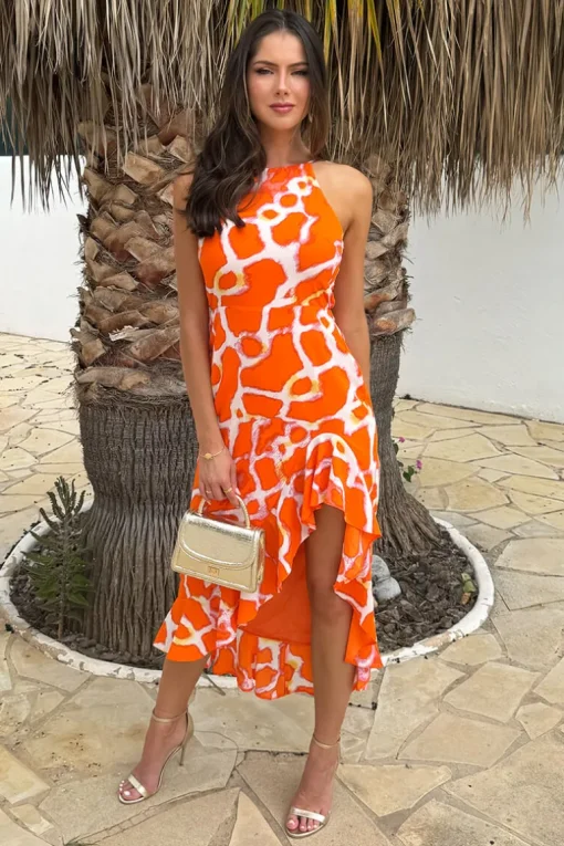 Orange Giraffe Print Racer Neck High Low Frill Hem Midi Dress