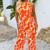 Orange Giraffe Print Strappy Racer Neck Jumpsuit