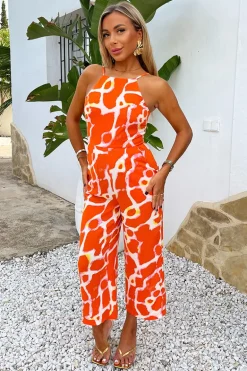 Orange Giraffe Print Strappy Racer Neck Jumpsuit