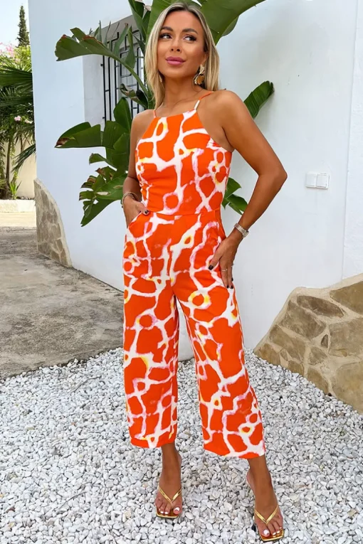 Orange Giraffe Print Strappy Racer Neck Jumpsuit