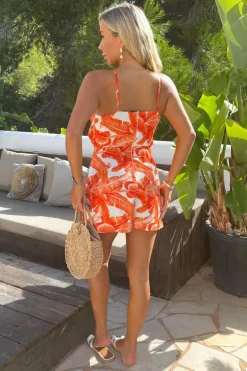 Orange Leaf Print Racer Neck Playsuit