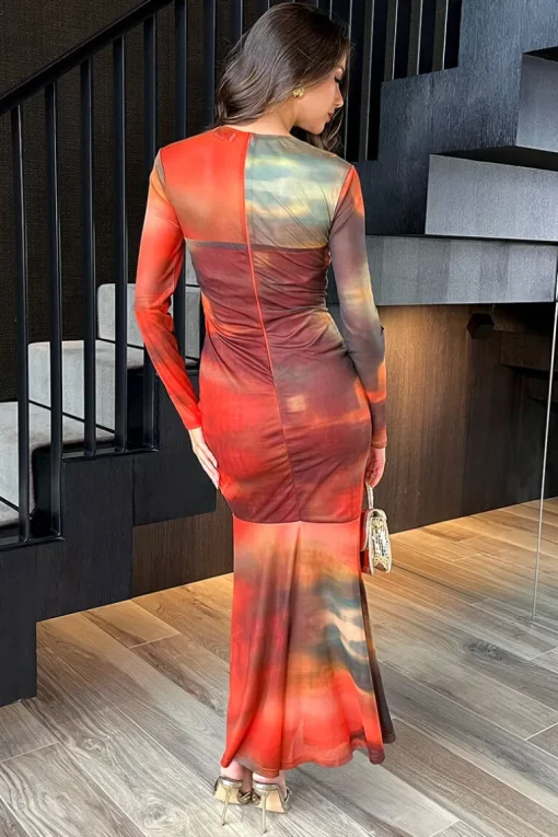Orange Ombre Mesh Contrast Ruched Front Bodycon Midi Dress