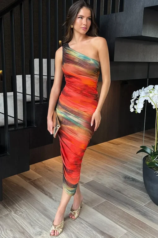 Orange Ombre Mesh One Shoulder Asymmetric Hem Ruched Midi Dress