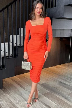 Orange Square Neck Long Sleeve Ruched Bodycon Mesh Midi Dress