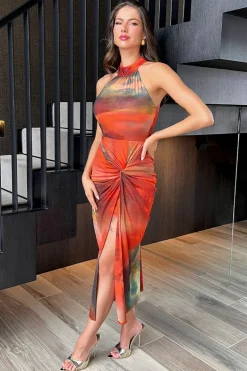 Orange Tie Dye Print Halter Neck Knot Skirt Mesh Midi Dress