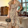 Peach And Black Printed Wrap Over Frill Hem Short Sleeve Midi Dress