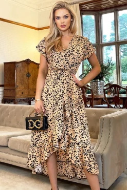 Peach And Black Printed Wrap Over Frill Hem Short Sleeve Midi Dress