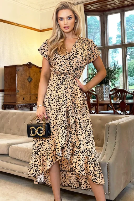 Peach And Black Printed Wrap Over Frill Hem Short Sleeve Midi Dress