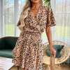 Peach Printed Elasticated Belt Skater Dress