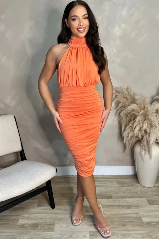 Peach Ruched High Neck Midi Dress