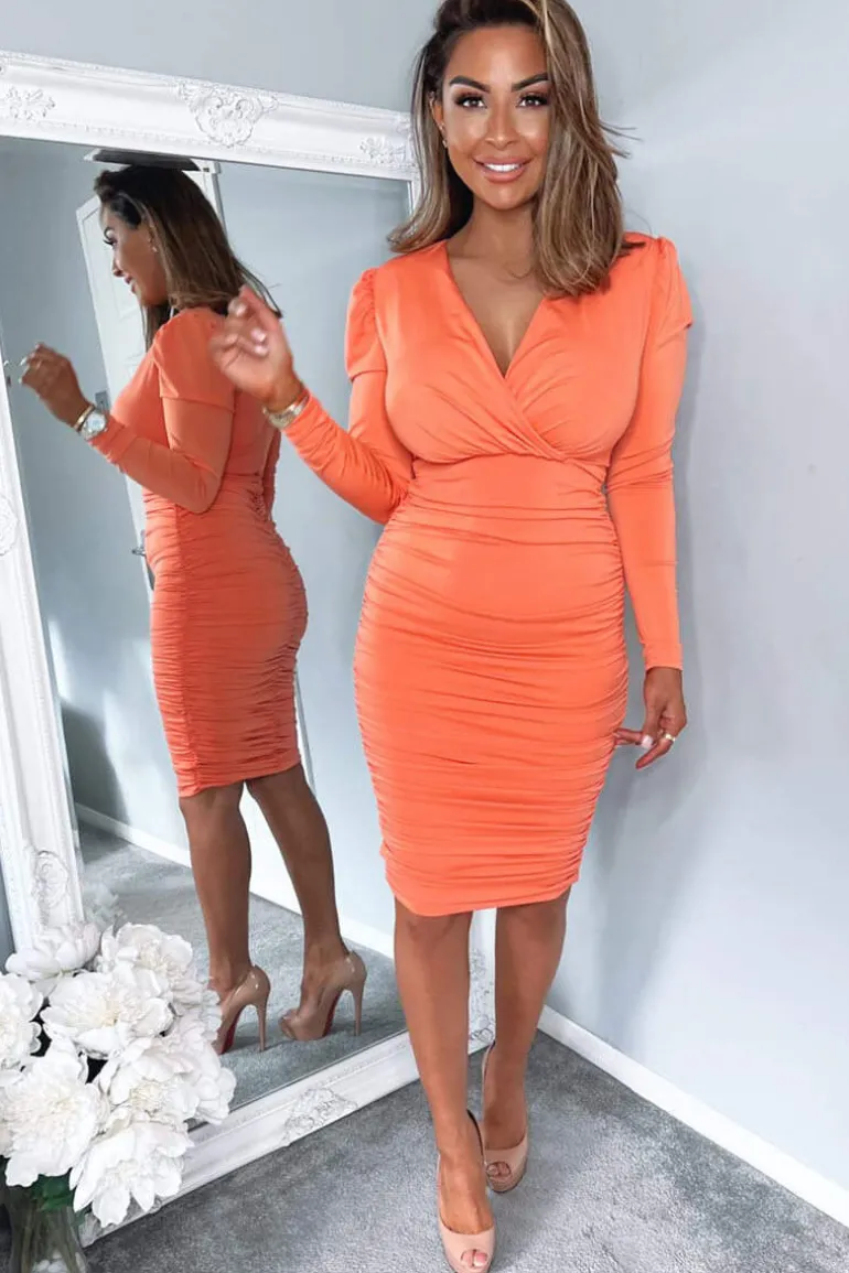 Peach Ruched Long Sleeve Cross Front Midi Dress