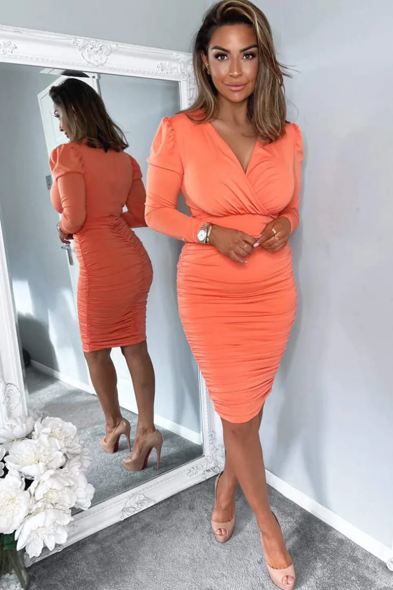 Peach Ruched Long Sleeve Cross Front Midi Dress