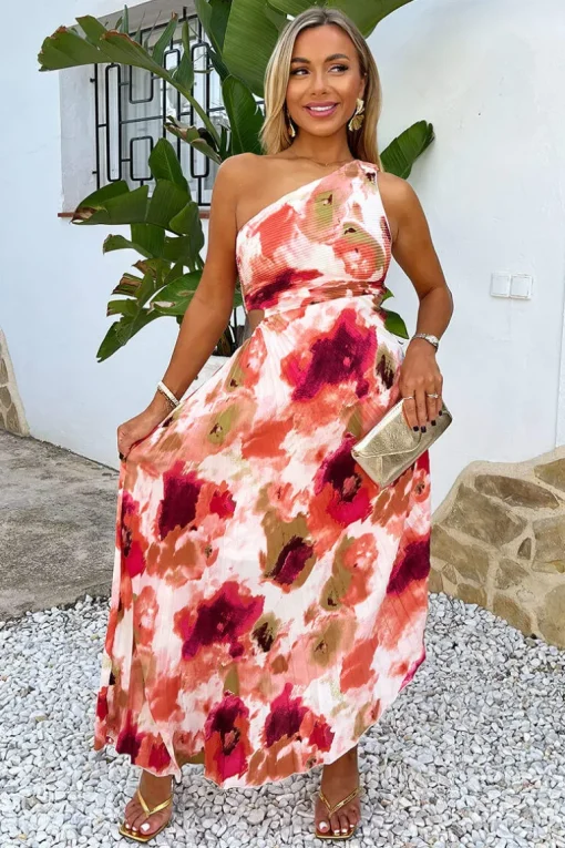 Peach Smudge Print One Shoulder Cut Out Pleated Midi Dress