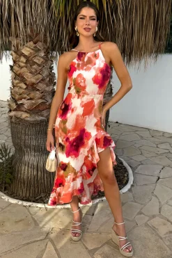 Peach Smudge Print Racer Neck High Low Frill Hem Midi Dress