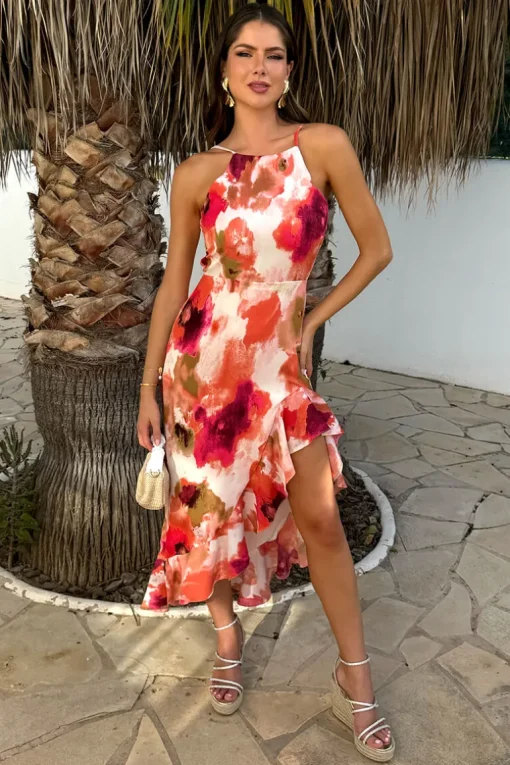 Peach Smudge Print Racer Neck High Low Frill Hem Midi Dress