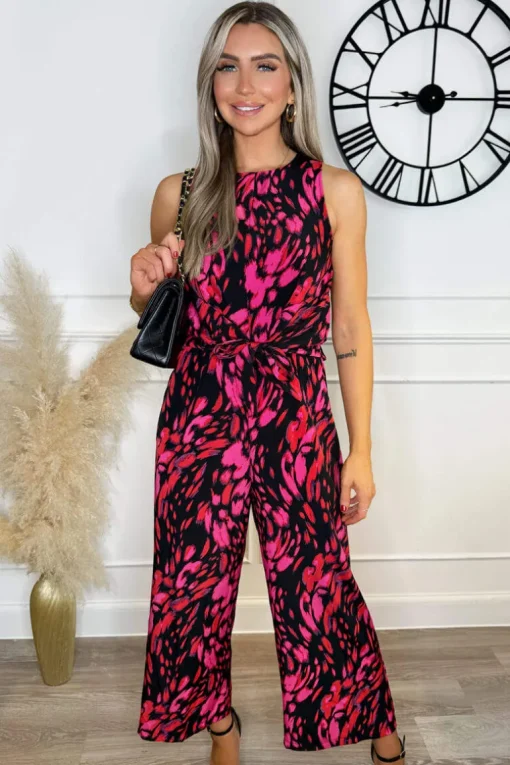 Pink And Black Printed Sleeveless Knot Front Jumpsuit