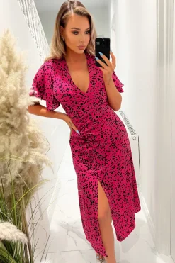 Pink And Black Printed Split Skirt Midi Dress