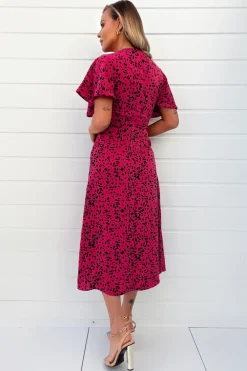 Pink And Black Printed Split Skirt Midi Dress