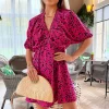 Pink And Black Printed V Neck Mini Dress With Elasticated Cuffs