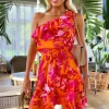 Pink And Orange Floral One Shoulder Frill Mini Dress