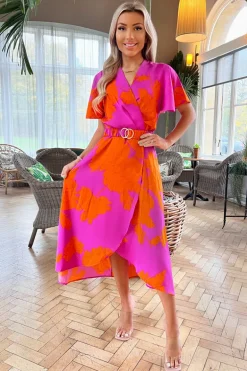 Pink And Orange Floral Print Belted Wrap Midi Dress