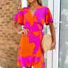 Pink And Orange Floral Printed Short Sleeve Frill Hem Mini Dress