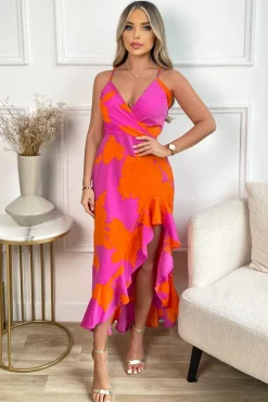 Pink And Orange Floral Printed Wrap Over Strappy Midi Dress