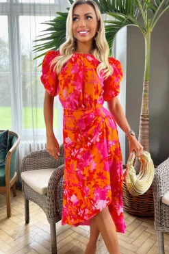 Pink And Orange Floral Printed Short Puff Sleeve Gathered Side Midi Dress