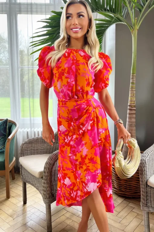 Pink And Orange Floral Printed Short Puff Sleeve Gathered Side Midi Dress