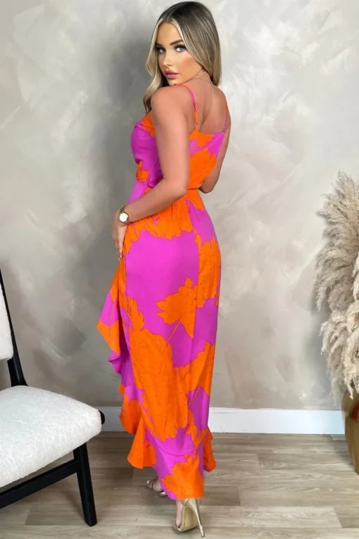 Pink And Orange Floral Printed Wrap Over Strappy Midi Dress