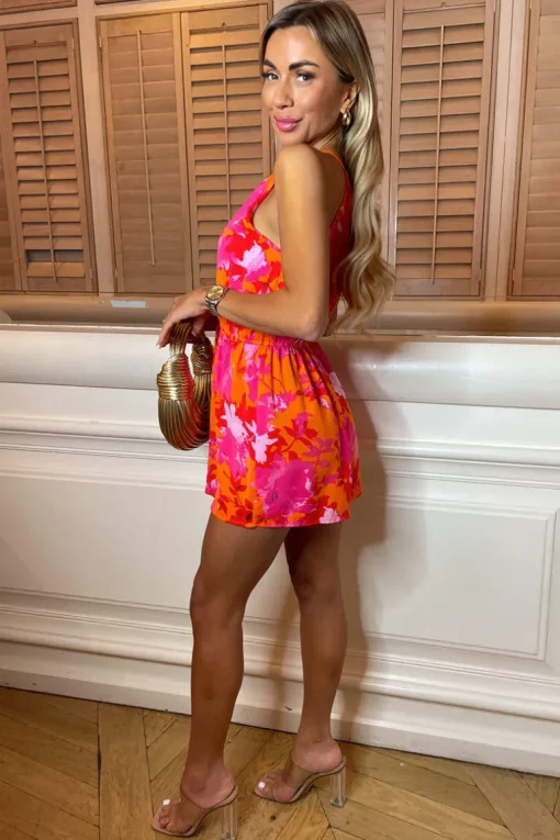 Pink And Orange Floral Printed High Neck Tie Front Playsuit