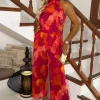 Pink And Orange Smudge Print Halter Neck Tie Waist Jumpsuit
