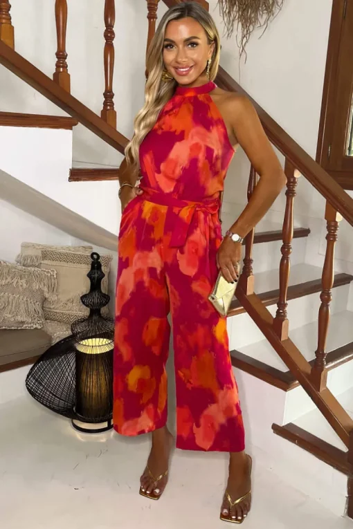 Pink And Orange Smudge Print Halter Neck Tie Waist Jumpsuit