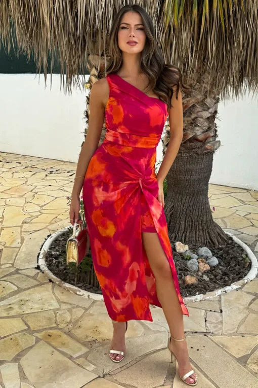 Pink And Orange Smudge Print One Shoulder Knot Skirt Midi Dress