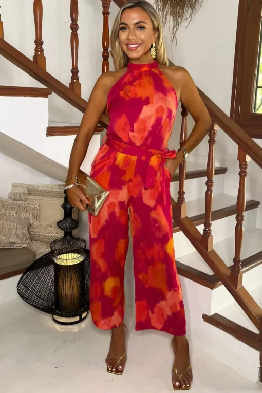 Pink And Orange Smudge Print Halter Neck Tie Waist Jumpsuit