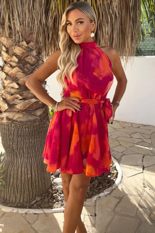 Pink And Orange Smudge Print Halterneck Tie Waist Mini Dress