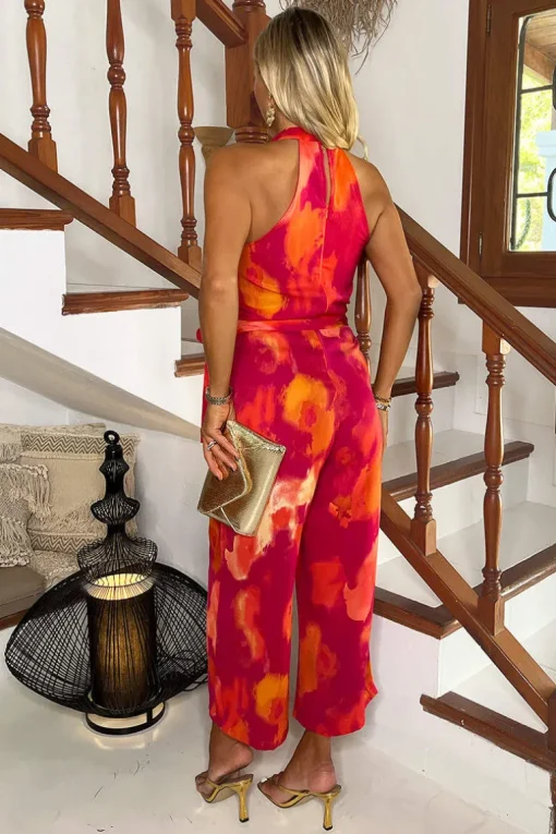 Pink And Orange Smudge Print Halter Neck Tie Waist Jumpsuit