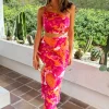 Pink And Peach Abstract Printed Asymmetric Cut Out Midi Dress