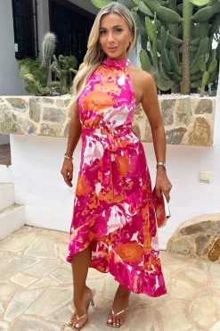Pink And Peach Abstract Printed Halterneck Tie Waist Dipped Hem Midi Dress