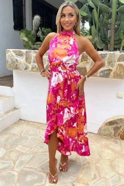 Pink And Peach Abstract Printed Halterneck Tie Waist Dipped Hem Midi Dress