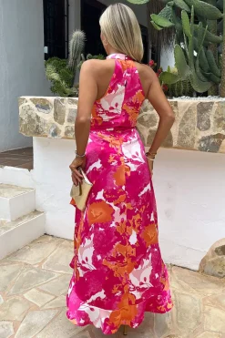 Pink And Peach Abstract Printed Halterneck Tie Waist Dipped Hem Midi Dress