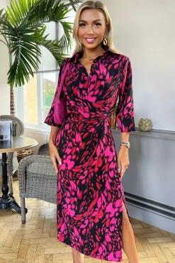 Pink And Red Printed Shirt Midi Dress
