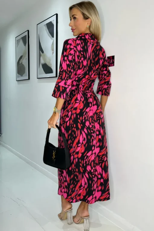 Pink And Red Printed Shirt Midi Dress