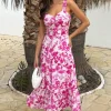Pink And White Floral Print Shirred Straps Tiered Midi Dress