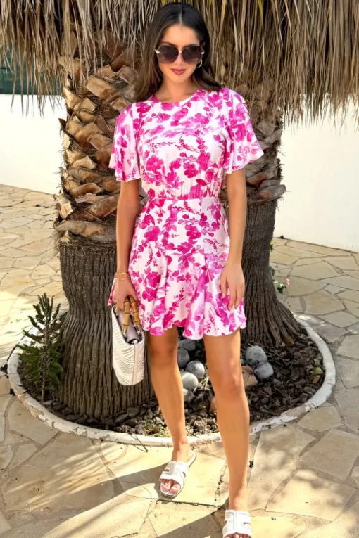 Pink And White Floral Print Butterfly Sleeve Skater Mini Dress