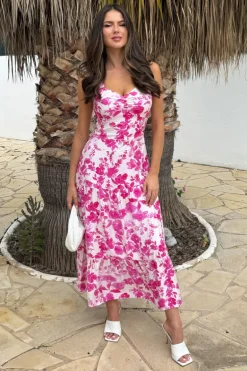 Pink And White Floral Print Shirred Straps Tiered Midi Dress