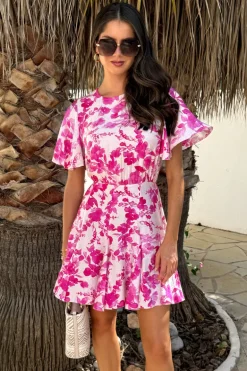 Pink And White Floral Print Butterfly Sleeve Skater Mini Dress